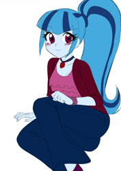 Size: 1074x1517 | Tagged: safe, artist:rileyav, sonata dusk, equestria girls, blushing, clothes, jeans, looking at you, pants, sitting, solo