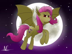 Size: 3264x2448 | Tagged: safe, artist:ollofkyser, fluttershy, bat pony, pony, angry, flutterbat, flying, moon, night, race swap, red eyes, wings