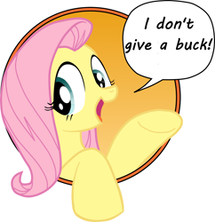 Size: 2000x2063 | Tagged: safe, edit, fluttershy, pegasus, pony, bad advice fluttershy, blue eyes, dialogue, exploitable meme, female, mare, meme, no fucks, open mouth, pink mane, raised hoof, raised leg, semi-vulgar, simple background, smiling, solo, speech bubble, talking to viewer, underhoof, yellow coat