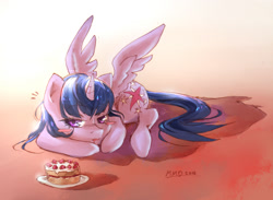 Size: 1179x862 | Tagged: safe, artist:my-magic-dream, derpibooru import, twilight sparkle, twilight sparkle (alicorn), alicorn, pony, cake, female, lying, mare, solo