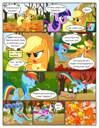 Size: 612x792 | Tagged: safe, artist:newbiespud, derpibooru import, edit, edited screencap, screencap, applejack, berry punch, berryshine, bon bon, lyra heartstrings, rainbow dash, sweetie drops, twilight sparkle, unicorn twilight, earth pony, pegasus, pony, unicorn, comic:friendship is dragons, fall weather friends, angry, background pony, bound wings, comic, dialogue, eyes closed, faceplant, female, freckles, hat, leaves, mare, onomatopoeia, rope, running, running of the leaves, screencap comic, smiling, tripping, wings