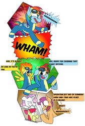 Size: 1083x1599 | Tagged: safe, artist:sneshneeorfa, derpibooru import, apple bloom, applejack, rainbow dash, scootaloo, spitfire, sweetie belle, earth pony, pegasus, pony, unicorn, clothes, comic, cutie mark crusaders, goggles, goggles on head, simple background, transparent background, uniform, wonderbolts uniform