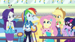 Size: 800x450 | Tagged: safe, derpibooru import, screencap, applejack, fluttershy, rainbow dash, rarity, sci-twi, twilight sparkle, better together, equestria girls, holidays unwrapped, animated, arm around neck, camera, canterlot mall, chair, dashing through the mall, eyes closed, freckles, geode of shielding, geode of super speed, geode of super strength, geode of telekinesis, gif, glasses, glomp, hair ornament, hand on arm, hand on hip, hands together, happy, hat, holding, hug, magical geodes, pink camera, plusplus, present, shopping mall, smiling, standing, surprised