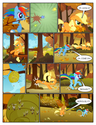 Size: 612x792 | Tagged: safe, artist:newbiespud, derpibooru import, edit, edited screencap, screencap, applejack, rainbow dash, bee, earth pony, pegasus, pony, comic:friendship is dragons, fall weather friends, annoyed, beehive, bound wings, bucking, comic, dialogue, female, freckles, hat, mare, mouth hold, rope, running, running of the leaves, screencap comic, speech bubble, swarm, wings