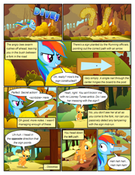 Size: 612x792 | Tagged: safe, artist:newbiespud, derpibooru import, edit, edited screencap, screencap, applejack, rainbow dash, bee, earth pony, pegasus, pony, comic:friendship is dragons, fall weather friends, comic, derp, dialogue, exclamation point, female, freckles, grin, hat, hiding, interrobang, laughing, mare, onomatopoeia, question mark, running, running of the leaves, screencap comic, sign, smiling, speech bubble