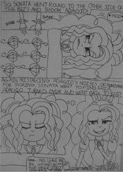 Size: 1023x1432 | Tagged: safe, artist:blazingdazzlingdusk, adagio dazzle, aria blaze, sonata dusk, equestria girls, comic, drawing, monochrome, rise and shine dagi, the dazzlings, traditional art