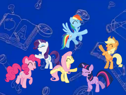 Size: 940x705 | Tagged: safe, artist:greenfavoritecolor, derpibooru import, applejack, fluttershy, pinkie pie, rainbow dash, rarity, twilight sparkle, unicorn twilight, earth pony, pegasus, pony, unicorn, blue background, dancing, fanart, noodle dance, pb&j otter, simple background