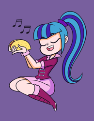 Size: 1088x1400 | Tagged: safe, artist:khuzang, sonata dusk, human, equestria girls, clothes, cute, eyes closed, food, humanized, music notes, open mouth, purple background, simple background, singing, sitting, skirt, solo, sonatabetes, sonataco, taco