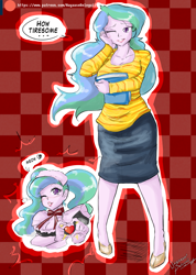 Size: 2499x3512 | Tagged: safe, artist:nayaasebeleguii, princess celestia, principal celestia, equestria girls, beautiful, breasts, clothes, crossover, cute, heart, heart hands, high heels, maid, maid headdress, megami tensei, moe, patreon, patreon logo, persona, persona 5, shoes, skirt, tired