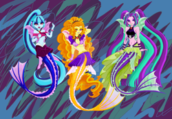 Size: 1024x712 | Tagged: safe, artist:deathladyshinigami, adagio dazzle, aria blaze, sonata dusk, mermaid, siren, equestria girls, belly button, clothes, midriff, siren tail, skirt, the dazzlings, watermark