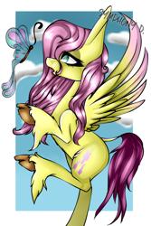 Size: 1000x1500 | Tagged: safe, artist:xxmissteaxx, fluttershy, butterfly, pegasus, pony, solo, unshorn fetlocks