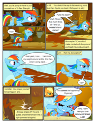 Size: 612x792 | Tagged: safe, artist:newbiespud, derpibooru import, edit, edited screencap, screencap, applejack, rainbow dash, earth pony, pegasus, pony, comic:friendship is dragons, fall weather friends, annoyed, bound wings, comic, dialogue, eyes closed, female, flying, freckles, grin, hat, mare, rope, running, running of the leaves, screencap comic, smiling, stuck, tree sap, wings