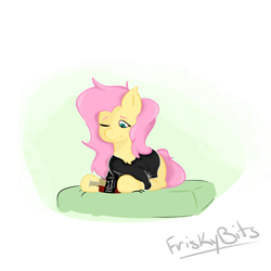 Size: 2000x2000 | Tagged: safe, artist:friskybits, fluttershy, pegasus, pony, bed hair, jack daniels, solo