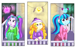 Size: 1024x652 | Tagged: safe, artist:queentigrel, adagio dazzle, aria blaze, sonata dusk, equestria girls, clothes, earmuffs, hat, scarf, the dazzlings, winter outfit