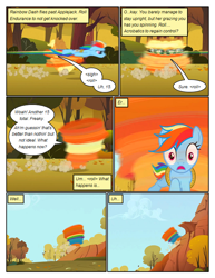 Size: 612x792 | Tagged: safe, artist:newbiespud, derpibooru import, edit, edited screencap, screencap, applejack, rainbow dash, earth pony, pegasus, pony, comic:friendship is dragons, fall weather friends, bound wings, comic, d:, dialogue, female, flying, hat, mare, motion blur, mountain, open mouth, rope, running, running of the leaves, screencap comic, surprised, tornado, wide eyes, wings