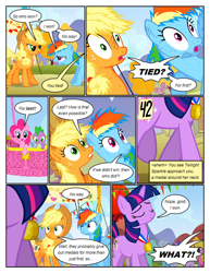 Size: 612x792 | Tagged: safe, artist:newbiespud, derpibooru import, edit, edited screencap, screencap, applejack, pinkie pie, rainbow dash, spike, twilight sparkle, unicorn twilight, dragon, earth pony, pegasus, pony, unicorn, comic:friendship is dragons, fall weather friends, angry, comic, dialogue, eyes closed, female, freckles, hat, hot air balloon, injured, looking up, male, mare, medal, megaphone, messy mane, microphone, screencap comic, smiling, surprised