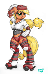 Size: 2155x3300 | Tagged: safe, artist:pon8d, applejack, anthro, unguligrade anthro, arm hooves, belly button, derby, knee pads, marker drawing, prismacolors, roller derby, roller skates, shoulder pads, simple background, solo, traditional art, white background