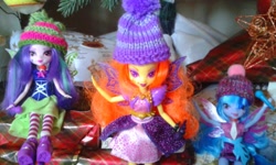 Size: 800x480 | Tagged: safe, artist:blazingdazzlingdusk, derpibooru exclusive, adagio dazzle, aria blaze, sonata dusk, equestria girls, rainbow rocks, christmas, doll, hat, irl, photo, present, the dazzlings, toy