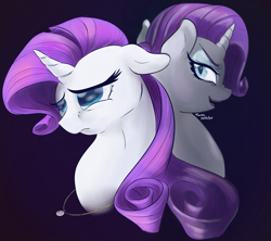 Size: 1581x1403 | Tagged: safe, artist:firimil, rarity, pony, unicorn, duality, female, looking back, mare, sad, self ponidox, smiling