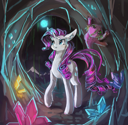 Size: 1230x1200 | Tagged: safe, artist:mequiloano, rarity, spike, dragon, pony, unicorn, cave, duo, female, gem cave, male, mare