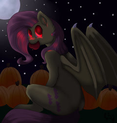 Size: 851x892 | Tagged: safe, artist:poisindoodles, fluttershy, bat pony, pony, semi-anthro, apple, dock, female, flutterbat, food, night, pumpkin, race swap, solo