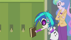 Size: 1280x720 | Tagged: safe, screencap, dj pon-3, princess celestia, principal celestia, vinyl scratch, equestria girls, music to my ears, rainbow rocks, blazer, book, celestia is not amused, clothes, dress, headphones, lockers, unamused