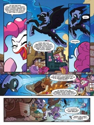 Size: 720x960 | Tagged: safe, artist:tonyfleecs, idw, nightmare moon, pinkie pie, spike, zecora, dragon, earth pony, pony, zebra, ponies of dark water, spoiler:comic, spoiler:comic45, clown, comic, ear piercing, earring, ethereal mane, face paint, female, flying, helmet, hoof shoes, jewelry, leg rings, male, mare, neck rings, nightmare moon glamour, official comic, peytral, piercing, pinkie joker, preview, speech bubble, starry mane