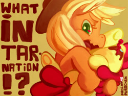 Size: 1600x1200 | Tagged: safe, artist:purochen, apple bloom, applejack, earth pony, pony, tongue out, wavy mouth, what in tarnation