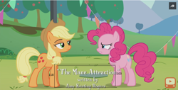 Size: 884x449 | Tagged: safe, screencap, applejack, pinkie pie, earth pony, pony, the mane attraction, height difference, measurements, tall