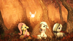 Size: 1920x1080 | Tagged: safe, artist:powdan, coco pommel, fluttershy, marble pie, pegasus, pony, 3d, autumn, cocobetes, cute, enjoying, forest, gmod, group, happy, marblebetes, navi, the council of shy ponies, the legend of zelda, the legend of zelda: ocarina of time