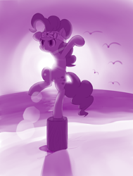 Size: 754x1000 | Tagged: safe, artist:dstears, pinkie pie, earth pony, pony, beach, concentrating, crossover, headband, karate kid, kung fu, log, martial arts, monochrome, parody, solo, standing, standing on one leg, sunset, training