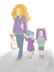 Size: 600x800 | Tagged: dead source, safe, artist:kukutjulu01, adagio dazzle, aria blaze, sonata dusk, equestria girls, :o, bag, clothes, frown, holding hands, japanese, leek, mamadagio, nintendo ds, purse, sweater, the dazzlings, unamused, walking, younger