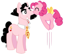 Size: 800x673 | Tagged: safe, artist:ellisarts, pinkie pie, oc, oc:gotcha, earth pony, pony, concept, father and child, father and daughter, female, filly, groucho marx, male, parent and child, ponified, pronking, tail bow