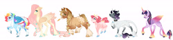 Size: 6600x1534 | Tagged: safe, artist:eperyton, derpibooru import, applejack, fluttershy, pinkie pie, rainbow dash, rarity, twilight sparkle, twilight sparkle (alicorn), alicorn, classical unicorn, earth pony, pegasus, pony, unicorn, bow, braid, braided tail, chest fluff, choker, cloven hooves, colored hooves, colored wings, colored wingtips, cowboy hat, dappled, ethereal wings, female, flower, flower in hair, glasses, gradient hooves, gradient wings, hair bow, hat, leonine tail, line-up, mane six, mare, missing cutie mark, redesign, simple background, starry wings, straw in mouth, tail bow, unshorn fetlocks, white background, wings