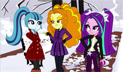 Size: 1080x632 | Tagged: safe, artist:lyricgemva, adagio dazzle, aria blaze, sonata dusk, equestria girls, snow, the dazzlings, winter