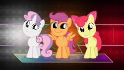 Size: 3840x2160 | Tagged: safe, artist:laszlvfx, artist:tomfraggle, derpibooru import, edit, apple bloom, scootaloo, sweetie belle, earth pony, pegasus, pony, unicorn, bow, cutie mark crusaders, female, filly, hair bow, looking at you, smiling, trio, vector, wallpaper, wallpaper edit