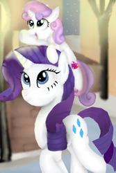 Size: 1200x1800 | Tagged: safe, artist:mr100dragon100, rarity, sweetie belle, pony, unicorn, duo, female, mare, sisters, sitting on head, walking