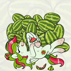 Size: 2100x2100 | Tagged: safe, artist:sjart117, oc, oc only, oc:watermelana, pegasus, pony, eyes closed, female, food, food baby, freckles, fruit, gradient hooves, licking, licking lips, mare, melon, on back, solo, tongue out, watermelon, weight gain, wing hands, wing hold
