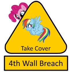 Size: 340x340 | Tagged: safe, derpibooru import, pinkie pie, rainbow dash, earth pony, pegasus, pony, breaking the fourth wall, fourth wall, scared, sign, simple background, transparent background, warning sign