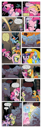 Size: 651x1962 | Tagged: safe, artist:amy mebberson, derpibooru import, edit, idw, applejack, fluttershy, jerome, pinkie pie, rainbow dash, spike, twilight sparkle, unicorn twilight, dragon, earth pony, pegasus, pony, unicorn, comic:friendship is dragons, spoiler:comic, spoiler:comic08, bag, comic, dialogue, eyes closed, female, glow, grin, key, male, mare, onomatopoeia, pictogram, raised hoof, riding, smiling, text edit