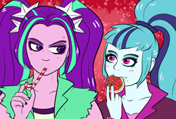 Size: 1600x1080 | Tagged: safe, artist:black-claudia, aria blaze, sonata dusk, equestria girls, candy, candy cane, food