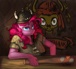 Size: 2600x2380 | Tagged: safe, artist:jedayskayvoker, pinkie pie, anthro, earth pony, baseball bat, clothes, crossover, fallout, fallout: new vegas, great khans, helmet, looking at you, solo