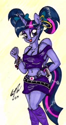 Size: 817x1530 | Tagged: safe, artist:newyorkx3, derpibooru import, twilight sparkle, twilight sparkle (alicorn), alicorn, anthro, 80s, 80s hair, alternate hairstyle, belly button, breasts, cleavage, clothes, earring, female, midriff, pigtails, skirt, smiling, solo, traditional art