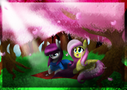 Size: 4092x2893 | Tagged: safe, artist:kaiomutaru25, boulder (pet), fluttershy, maud pie, pegasus, pony, prone, tree