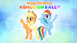 Size: 5361x3008 | Tagged: safe, artist:andoanimalia, derpibooru import, applejack, rainbow dash, earth pony, pegasus, pony, applejack's hat, ashleigh ball, cowboy hat, female, flying, hat, mare, rearing