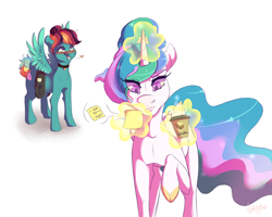 Size: 1280x1024 | Tagged: safe, artist:qatsby, princess celestia, oc, oc:zipper breeze, alicorn, pegasus, pony, blushing, blushing profusely, cloven hooves, coffee, coffee cup, crush, cup, female, heart, heart eyes, levitation, love note, magic, mare, misspelling, offspring, one sided shipping, parent:rainbow dash, parent:zephyr breeze, parents:zephdash, raised hoof, simple background, spread wings, telekinesis, white background, wingboner, wingding eyes, wings