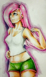Size: 1542x2560 | Tagged: safe, artist:nolyanimeid, fluttershy, equestria girls, armpits, belly button, breasts, clothes, female, midriff, shorts, solo, sports shorts, tanktop, traditional art