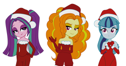 Size: 4000x2100 | Tagged: safe, artist:backgrounduser, adagio dazzle, aria blaze, sonata dusk, equestria girls, bare shoulders, christmas, clothes, santa costume, sleeveless, strapless, the dazzlings