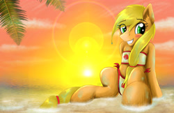 Size: 5100x3300 | Tagged: safe, artist:spiritofthwwolf, applejack, earth pony, pony, absurd resolution, beach, bikini, blushing, clothes, grin, lens flare, sitting, solo, swimsuit, water, wet mane