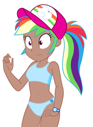 Size: 1416x1928 | Tagged: safe, artist:draymanor57, derpibooru import, edit, editor:michaelsety, rainbow dash, better together, equestria girls, spring breakdown, belly button, bikini, clothes, dark skin, human coloration, kotobukiya, kotobukiya rainbow dash, simple background, solo, sports bra, swimsuit, white background